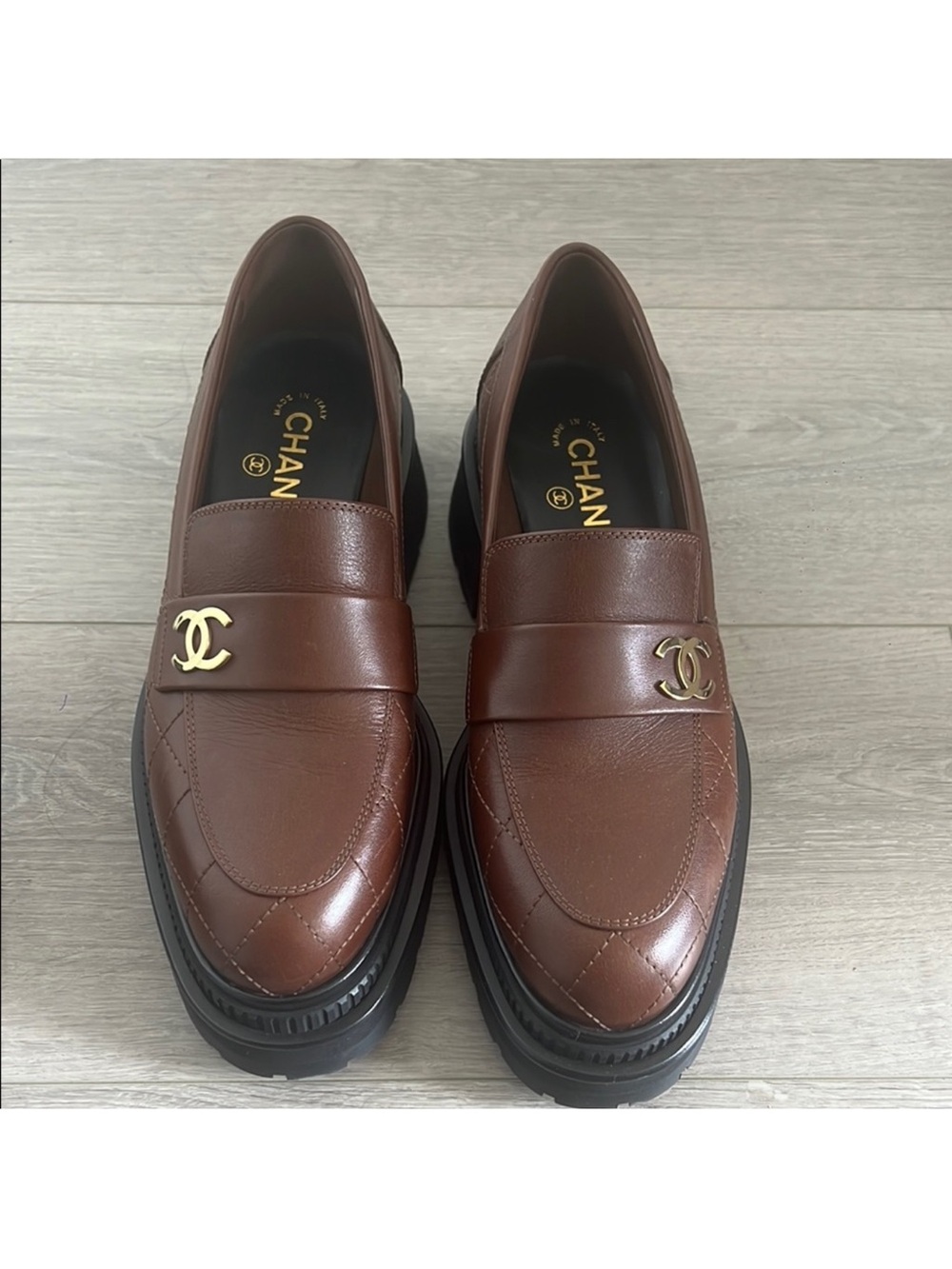 CHANEL Calfskin Quilted CC Mocassin Loafers 39 Brown